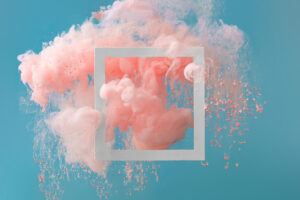 pink smoke and grey frame floating on a blue background