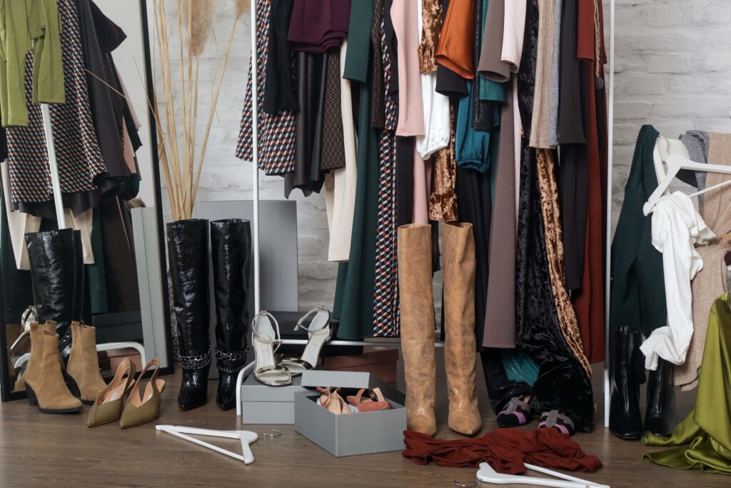 Disorganized woman's clothes closet